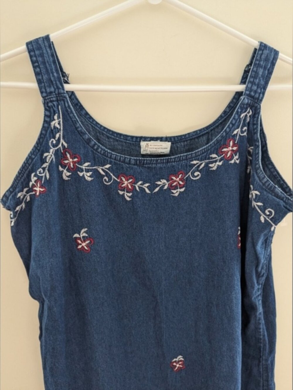 Vintage Chambray Denim Embroidered Midi Dress Cottagecore Boho Sleeveless XL